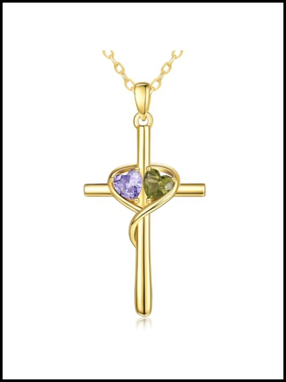 14K Gold Heart Cross Pendant Necklace with Dual Birthstones